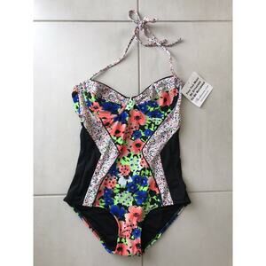 Shoshanna Color Block Retro Halter One Piece Swimsuit